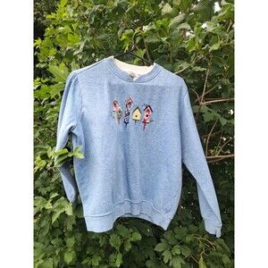 Studio Works Birdhouse Sweater Large Blue Crew Neck Long Sleeve